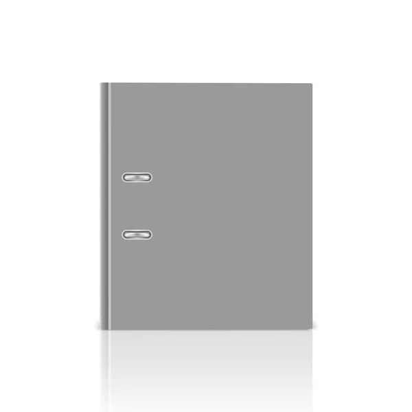 Cubierta de carpeta de oficina gris cerrada realista cerrada vectorial 3d con anillos de metal para papel A4 primer plano aislado sobre fondo blanco con reflexión. 4cm, 5cm. Plantilla de diseño, Mockup, Vista frontal — Vector de stock