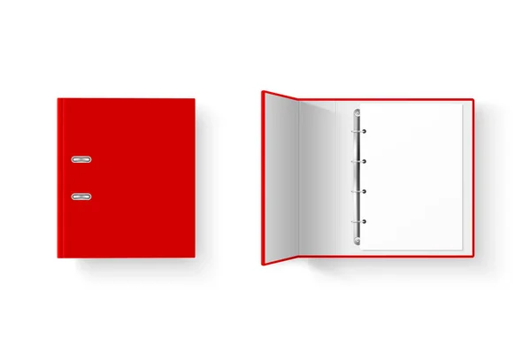 Vector 3D geschlossener und geöffneter Realistischer roter Blanko, leerer Bürobinder Set mit Metallringen für DIN-A4-Papierbögen isoliert auf weißem Hintergrund. Design-Vorlage, Mockup, Draufsicht — Stockvektor
