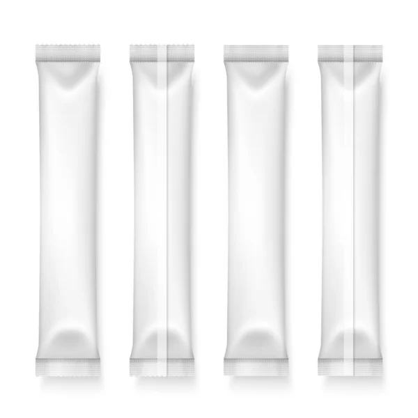 Vettore 3d realistico in plastica bianca, carta lunga sottile vuoto Packaging Set isolato. Droga, caffè, sale, zucchero, pepe, spezie, bustina, involucro di caramelle. Modello di design di imballaggio per Mockup. Vista dall'alto — Vettoriale Stock