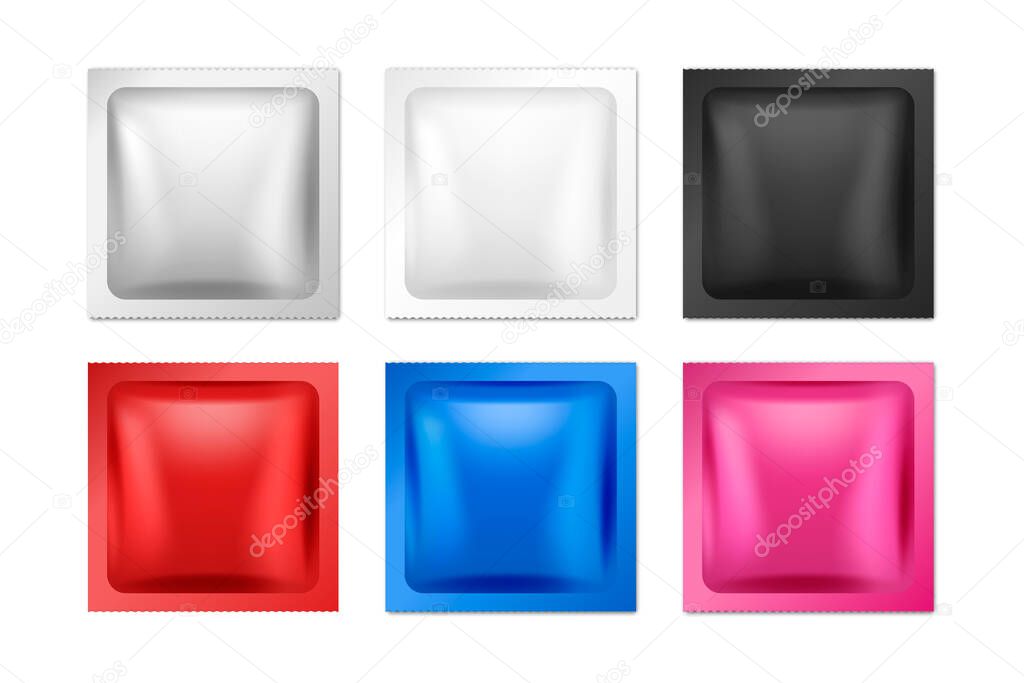 Vector 3d Realistic Square Foil Blank Packaging Set Isolated on White. Drugs, Coffee, Salt, Sugar, Pepper, Spices, Sachet, Condom Wrapper. Design Template for Mockup. Top View