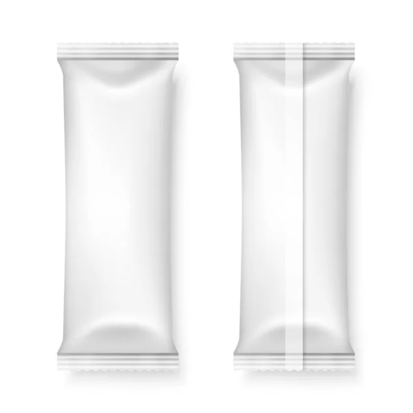 Vector 3d Realistic White Slim Blank Set di imballaggio isolato su bianco. Droga, Cioccolato, Dolci, Caffè, Sale, Zucchero, Pepe, Spezie, Bustina, Caramelle. Modello di design, imballaggio, Mockup. Vista dall'alto — Vettoriale Stock