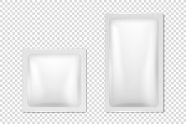 Vektör 3d Gerçekçi Beyaz Boş Paketleme Simgesi Kapatma İzole edildi. Kahve, Çay, Tuz, Şeker, Baharat, Islak Mendil, Sachet. Mockup için Paketleme Şablonu Tasarımı. Üst Görünüm