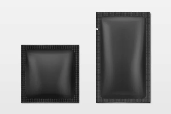 Vector 3d Realistic Black Blank Packaging Icon Set Closeup Különálló fehér. Kávé, tea, só, cukor, fűszerek, nedves törlőkendő, tasak. Tervezz csomagolási sablont a Mockup-nak. Felülnézet — Stock Vector