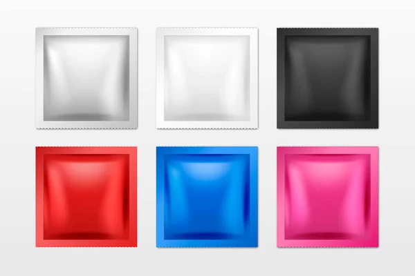 Διάνυσμα 3d Realistic Square Foil κενή συσκευασία σετ απομονώνονται σε λευκό. Ναρκωτικά, καφές, αλάτι, ζάχαρη, πιπέρι, μπαχαρικά, φακελάκι, περιτύλιγμα Condom. Πρότυπο σχεδιασμού για το Mockup. Πάνω όψη — Διανυσματικό Αρχείο