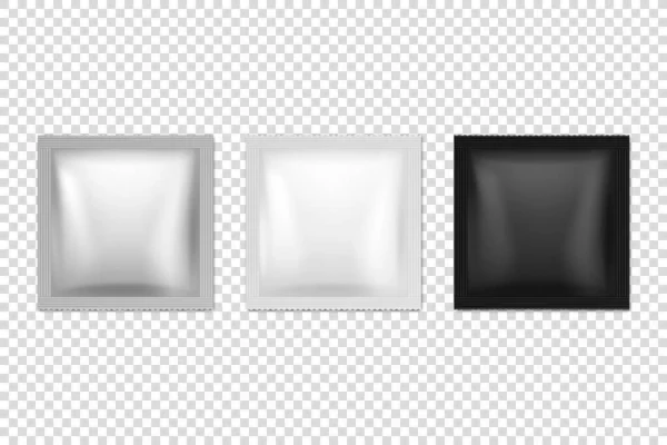 Vector 3d Realistic Foil, White, Black Square Üres csomagolás Icon Set Closeup Elszigetelt. Kávé, tea, só, cukor, fűszerek, nedves törlőkendő, tasak. Tervezz csomagolási sablont a Mockup-nak. Felülnézet — Stock Vector