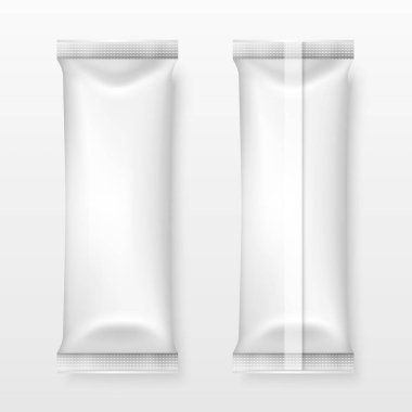 Vektör 3d Gerçekçi Boş Beyaz Paketleme Simgesi Kapatma Beyaz 'a izole edildi. Kahve, Çay, Tuz, Şeker, Baharat, Çikolata, Şeker Paketi, Sachet. Mockup için Paketleme Şablonu Tasarımı. Üst Görünüm