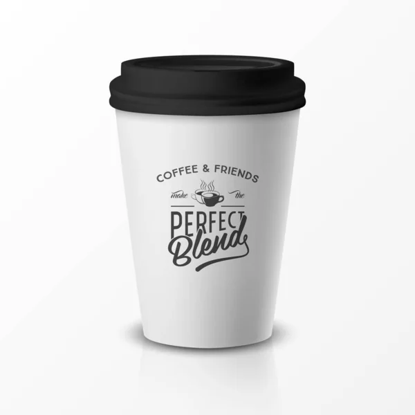 Векторный 3d Relistic Paper или пластиковый белый Coffee Cup с Black Cap. Цитата, фраза о кофе. Дизайн шаблонов кафе, ресторанов, макетов. Вид спереди — стоковый вектор