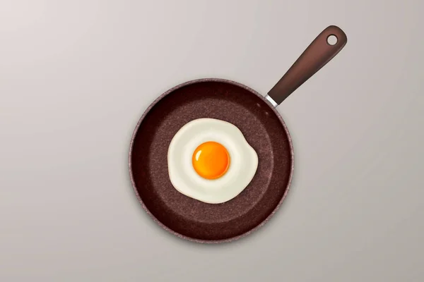 Sartén marrón realista vectorial 3d con primer plano de huevo frito aislado. Plantilla de diseño. Vista superior — Archivo Imágenes Vectoriales