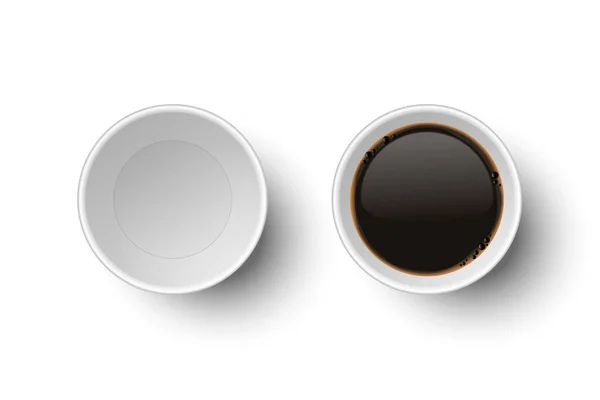 ベクトル3D現実的な紙白使い捨て空と白に隔離されたコーヒーカップセット付き.エスプレッソ、モカ、マキアート。株式ベクトルイラスト。デザインテンプレート。トップ表示 — ストックベクタ