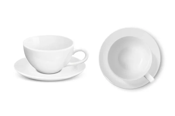 Taza de cerámica vacía de porcelana blanca realista vectorial 3d con conjunto de platillo aislado sobre fondo blanco. Té, Café, Capuchino, Latte Cup. Ilustración vectorial. Plantilla de diseño para burla. Frente, Vista superior — Archivo Imágenes Vectoriales