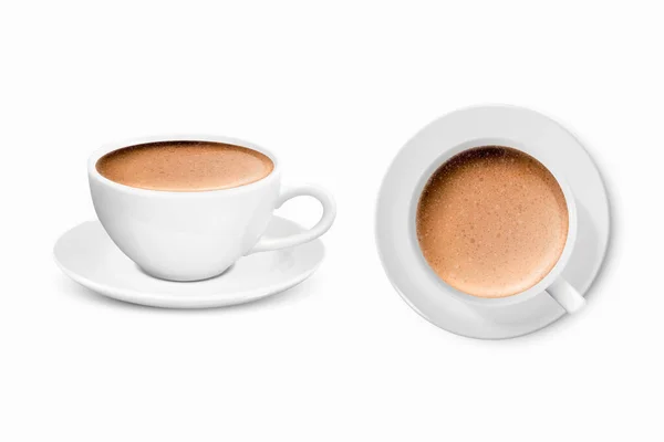 Vector 3d Realistic Weißes Porzellan Keramikbecher mit Milchkaffee und Schaumstoff-Set isoliert auf weißem Hintergrund. Capuccino, Latte. Aktienvektorillustration. Design Template für Mockup. Vorne, von oben — Stockvektor