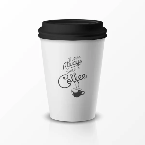 Vektör 3d Dini Kağıt veya Siyah Şapkalı Plastik Tek Kullanım Beyaz Kahve Kupası. Kahve hakkında bir deyiş. Cafe, Restoran Markası Kimliği, Mockup için Tasarım Şablonu. Ön Görünüm — Stok Vektör