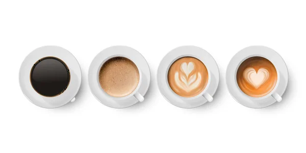 Vector 3d Realistic Ceramic Porclean White Coffee Mug, Cup, Saucer, Milk Coffee, Foam Set Isolated. 에스프레소, 카푸치노, 라테. 플로우, 하트 패턴. 벡터 일러스트레이션. 디자인 템플릿. 위에서 본 광경 — 스톡 벡터