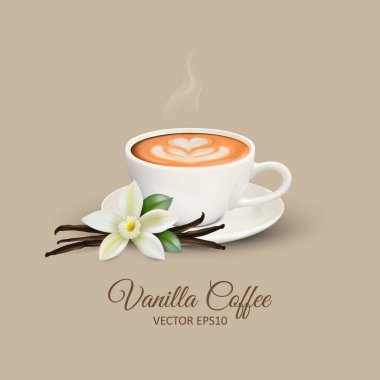 Vektör 3d Gerçekçi Beyaz Porselen Seramik Kupa, Sıcak Süt Kahve, Köpük, Çiçek, Kalp Şablonu ve Duman. Vanilya çiçeği. Kapuçino, Latte. Hisse Vektörü İllüstrasyonu. Tasarım Şablonu