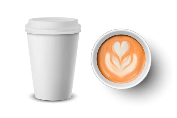 病媒3D现实纸，塑料白色可处置咖啡杯，液体。采购产品牛奶咖啡，花，心脏模式设置隔离。卡布奇诺，拉特。7.病媒说明。设计模板，模拟。顶部，前视图 — 图库矢量图片