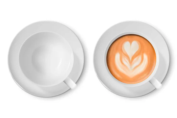 矢量3D现实白色瓷瓷杯子。采购产品牛奶咖啡，泡沫，花，心脏模式设置隔离在白色。卡布奇诺，拉特。股票矢量说明。设计模板，模拟。前、前视图 — 图库矢量图片