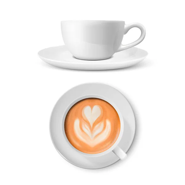 Vector 3d Realistic White Porcelain Ceramic Mug. Milk Coffee, Foam, Flower, Heart Pattern Set Isolated on White. Capuccino, Latte. Stock Vector Illustration. Design Template, Mockup. Front, Top View — Stock Vector
