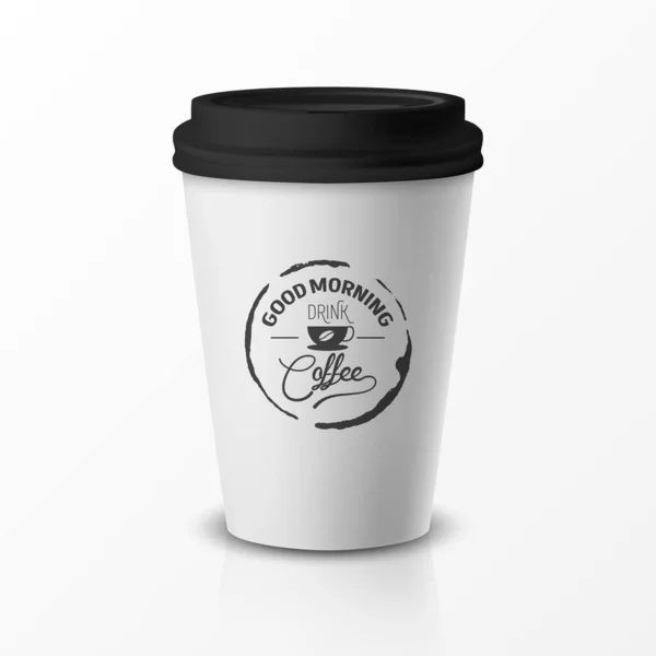 Vector 3d Relistic Paper 또는 Plastic Disposable White Coffee Cup with Black Cap. 커피 (Coffee) 는 다음을 가리킨다. 카페의 디자인 템플릿 레스토랑 브랜드 정체성 모크. 전면 견해 — 스톡 벡터