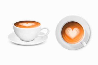 Vektör 3d Gerçekçi Beyaz Porselen Seramik Kupa. Sütlü kahve, köpük, kalp deseni seti beyaza izole edilmiş. Kapuçino, Latte. Hisse Vektörü İllüstrasyonu. Tasarım Şablonu, Mockup. Ön, Üst Görünüm