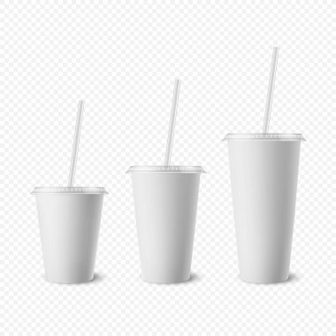 Vektör 3d Gerçekçi Beyaz Kağıt Atılabilir Kupa Lid, Pipet for Beverage, İçkiler ayrı. Kahve, soda, çay, kokteyl, milkshake, meyve suyu. Mockup için Paketleme Şablonu Tasarımı. Ön Görünüm