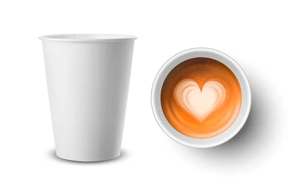 Carta realistica vettoriale 3d, tazza di caffè monouso bianco in plastica con caffè al latte, set di motivi cardiaci isolato. Capuccino, Latte. Illustrazione vettoriale. Modello di design per Mockup. vista superiore, vista frontale — Vettoriale Stock