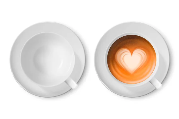 Taza de cerámica de porcelana blanca realista vectorial 3d. Café Leche, Espuma, Conjunto de Patrones de Corazón Aislado en Blanco. Capuchino, Latte. Stock Vector Illustration. Plantilla de diseño, burla. Frente, Vista superior — Vector de stock