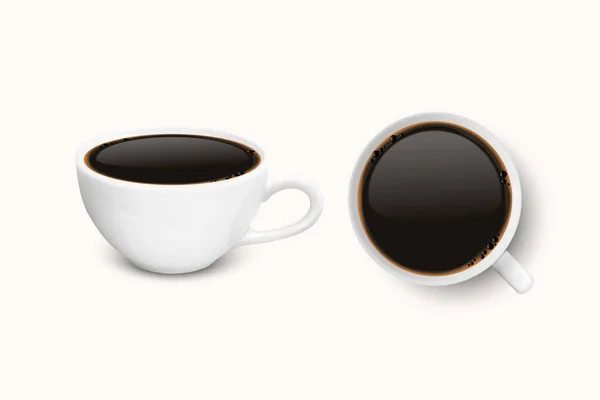 Beyaz Arkaplanda siyah kahve seti olan 3d. Gerçekçi Beyaz Porselen Kupa. Espresso, Americano. Hisse Vektörü İllüstrasyonu. Mockup için tasarım şablonu. Ön ve Üst Görünüm — Stok Vektör
