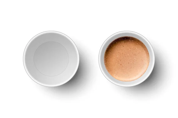 Vecteur 3d papier réaliste blanc jetable vide et avec café au lait, mousse ensemble tasse isolée. Espresso, Mocha, Macchiato, Latte, Capuccino. Illustration vectorielle de stock. Modèle de conception. Vue du dessus — Image vectorielle