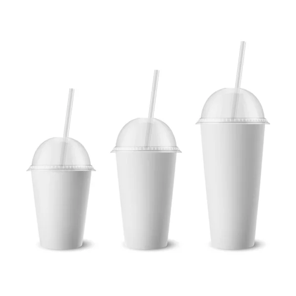 Vector 3d Realistic White Paper Einwegbecher Set mit Deckel, Trinkhalm, Getränke isoliert. Kaffee, Limonade, Tee, Cocktail, Milchshake, Saft. Design-Verpackungsvorlage für Mockup. Frontansicht — Stockvektor