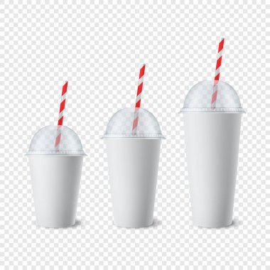Vektör 3d Gerçekçi Beyaz Kağıt Atılabilir Kupa Lid, Pipet for Beverage, İçkiler ayrı. Kahve, soda, çay, kokteyl, milkshake, meyve suyu. Mockup için Paketleme Şablonu Tasarımı. Ön Görünüm