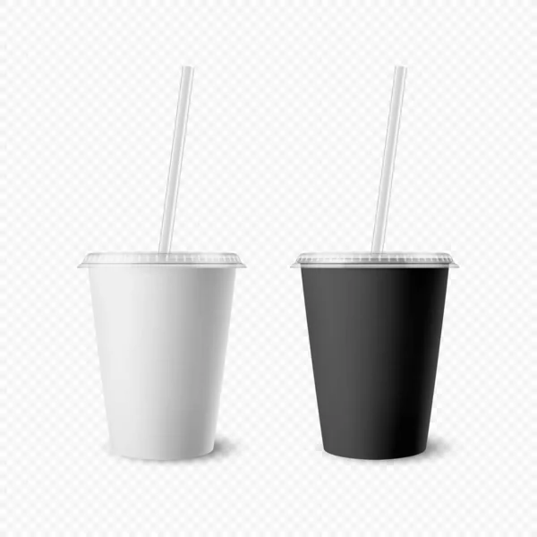 Vector 3d realista blanco, papel negro desechable taza conjunto con tapa, paja para bebidas, bebidas aisladas. Café, refresco, té, cóctel, batido. Plantilla de diseño de embalaje para maqueta. Vista frontal — Vector de stock