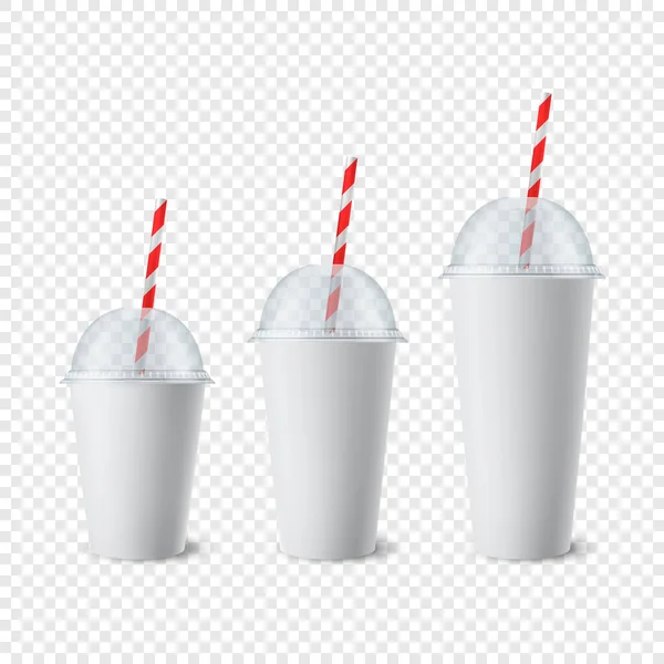 Vector 3d Realistic White Paper Juego de vasos desechables con tapa, paja para bebidas, bebidas aisladas. Café, refresco, té, cóctel, batido, jugo. Plantilla de diseño de embalaje para maqueta. Vista frontal — Vector de stock