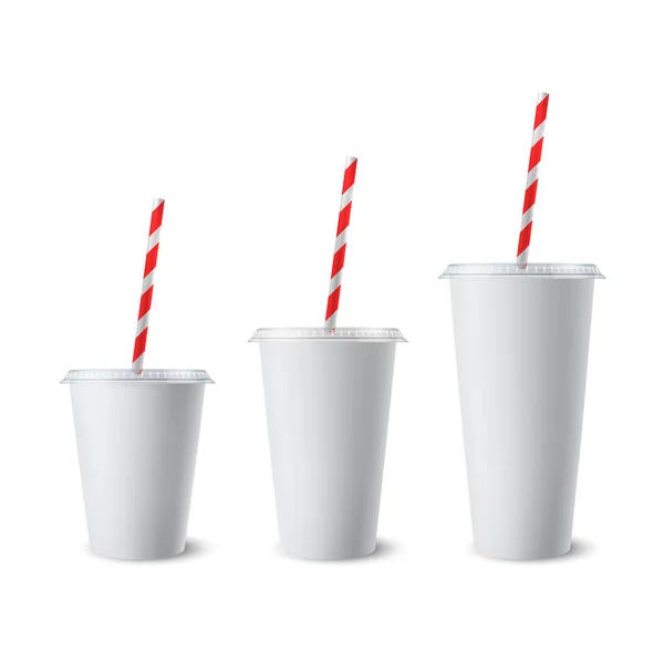 Векторный набор из белой бумаги с лидом, соломинкой для напитка, соломинкой. Кофе, содовая, чай, коктейль, молочный коктейль, сок. Дизайн шаблона упаковки для макета. Вид спереди — стоковый вектор