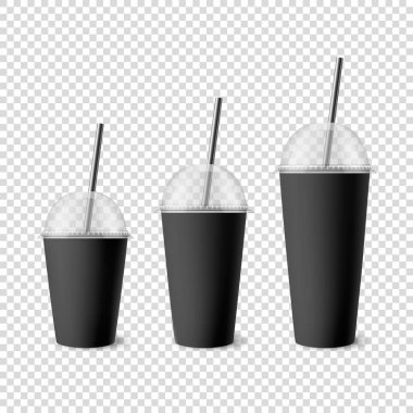 Vektör 3d Gerçekçi Beyaz Kağıt Atılabilir Kupa Lid, Pipet for Beverage, İçkiler ayrı. Kahve, soda, çay, kokteyl, milkshake, meyve suyu. Mockup için Paketleme Şablonu Tasarımı. Ön Görünüm