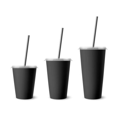 Vektör 3d Gerçekçi Beyaz Kağıt Atılabilir Kupa Lid, Pipet for Beverage, İçkiler ayrı. Kahve, soda, çay, kokteyl, milkshake, meyve suyu. Mockup için Paketleme Şablonu Tasarımı. Ön Görünüm