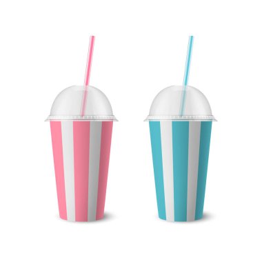 Vektör 3d Gerçekçi Çizgili Beyaz Kağıt Atılabilir Kupa Lid, Pipet for Beverage, içecekler izole edildi. Kahve, soda, çay, kokteyl, milkshake. Mockup için Paketleme Şablonu Tasarımı. Ön Görünüm