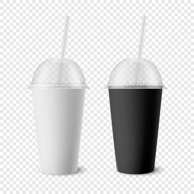 Vektör 3d Gerçekçi Beyaz, Siyah Kağıt Harcanabilir Kupa Lid, Pipet for Beverage, İçkiler ayrı. Kahve, soda, çay, kokteyl, milkshake. Mockup için Paketleme Şablonu Tasarımı. Ön Görünüm