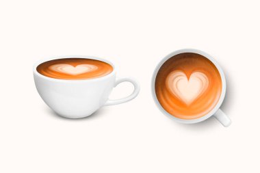 Vektör 3d Gerçekçi Beyaz Porselen Seramik Kupa. Sütlü kahve, köpük, kalp deseni seti beyaza izole edilmiş. Kapuçino, Latte. Hisse Vektörü İllüstrasyonu. Tasarım Şablonu, Mockup. Ön, Üst Görünüm