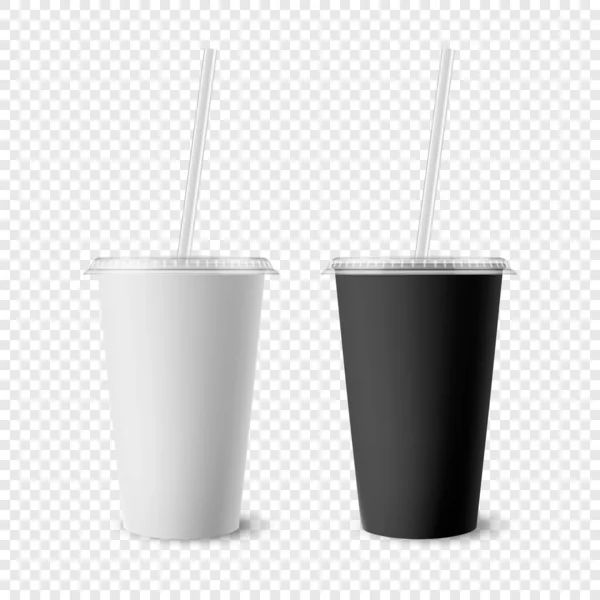 Vector 3d Realisztikus fehér, fekete papír eldobható kupa készlet fedéllel, szalma ital, italok elszigetelt. Kávét, üdítőt, teát, koktélt, turmixot. Tervezz csomagolási sablont a Mockup számára. Elülső nézet — Stock Vector