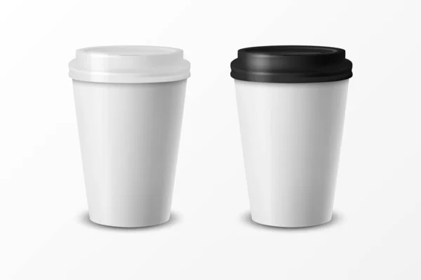 Vector 3d Relistic brillant papier ou plastique jetable tasse de café blanc avec couvercle, Cap. Modèle de conception pour Café, Identité de marque de restaurant, Mockup. Vue de face — Image vectorielle