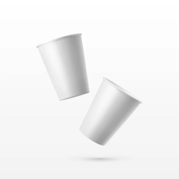 Vector 3d realista branco papel brilhante copo descartável para bebidas, bebidas isoladas em fundo branco. Café, refrigerante, chá, coquetel, batido. Modelo de Design de Embalagem para Mockup. Vista frontal — Vetor de Stock