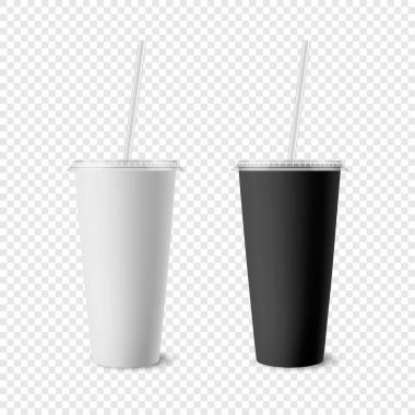 Vektör 3d Gerçekçi Beyaz, Siyah Kağıt Harcanabilir Kupa Lid, Pipet for Beverage, İçkiler ayrı. Kahve, soda, çay, kokteyl, milkshake. Mockup için Paketleme Şablonu Tasarımı. Ön Görünüm