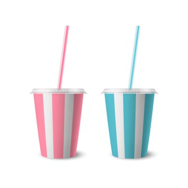 Vektör 3d Gerçekçi Çizgili Beyaz Kağıt Atılabilir Kupa Lid, Pipet for Beverage, içecekler izole edildi. Kahve, soda, çay, kokteyl, milkshake. Mockup için Paketleme Şablonu Tasarımı. Ön Görünüm
