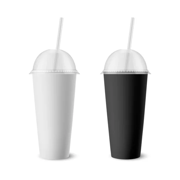 病媒3D现实的白色，黑纸可处置杯套装与Lid，稻草为饮料，饮料分离。咖啡，苏打，茶，鸡尾酒，奶昔。设计模型用的包装模板。前景 — 图库矢量图片
