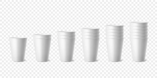 Vector 3d Realistic White Paper Glossy Disposable Cup Set, Stack of Cup for Beverage, Drinks Isolated. Coffee, Soda, Tea, Cocktail, Milkshake. Design Template of Packaging for Mockup. Front View — Vector de stock