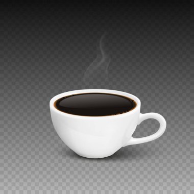 Vektör 3d Gerçekçi Beyaz Porselen Kupa, Sıcak Süt Kahve, Köpük, Çiçek, Kalp Şablonu ve Duman Kümesi izole edildi. Espresso, Capuccino, Latte. Hisse Vektörü İllüstrasyonu. Tasarım Şablonu. Ön Görünüm