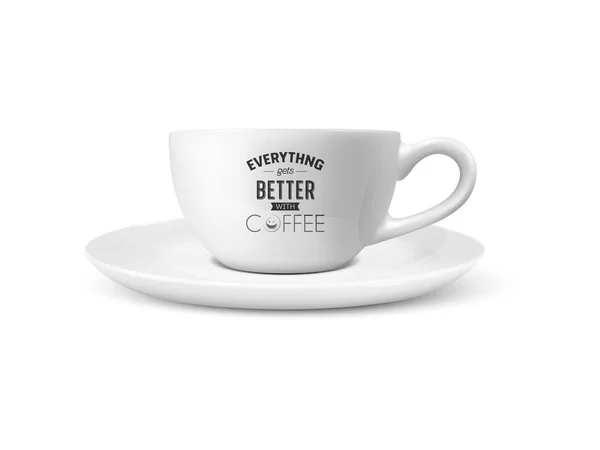 Taza de cerámica de porcelana blanca realista vectorial 3d aislada sobre fondo blanco. Té, taza de café con cita tipográfica, frase sobre el café. Stock Illustration. Plantilla de diseño para burla. Vista frontal — Vector de stock