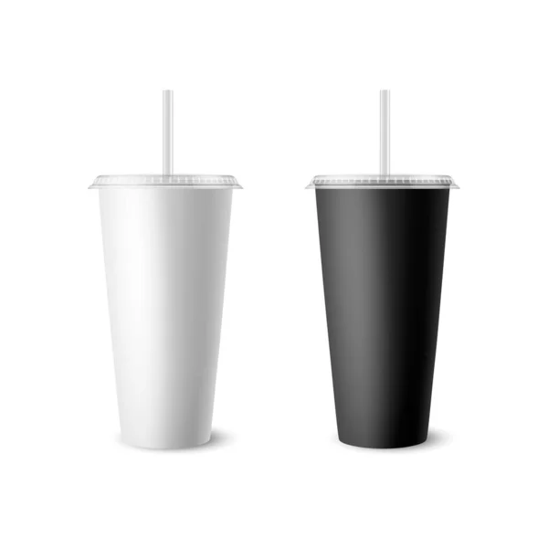 Векторный 3d Refleic White, Black Paper Cup Set with Lid, Straw for Beverage, Dragon Isolated. Кофе, содовая, чай, коктейль, молочный коктейль. Дизайн шаблона упаковки для макета. Вид спереди — стоковый вектор