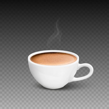 Vektör 3d Gerçekçi Beyaz Porselen Kupa, Sıcak Süt Kahve, Köpük ve Duman Seti izole edildi. Espresso, Capuccino, Latte. Hisse Vektörü İllüstrasyonu. Tasarım Şablonu. Ön Görünüm