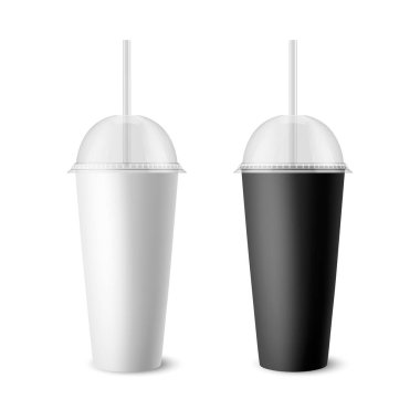 Vektör 3d Gerçekçi Beyaz, Siyah Kağıt Harcanabilir Kupa Lid, Pipet for Beverage, İçkiler ayrı. Kahve, soda, çay, kokteyl, milkshake. Mockup için Paketleme Şablonu Tasarımı. Ön Görünüm